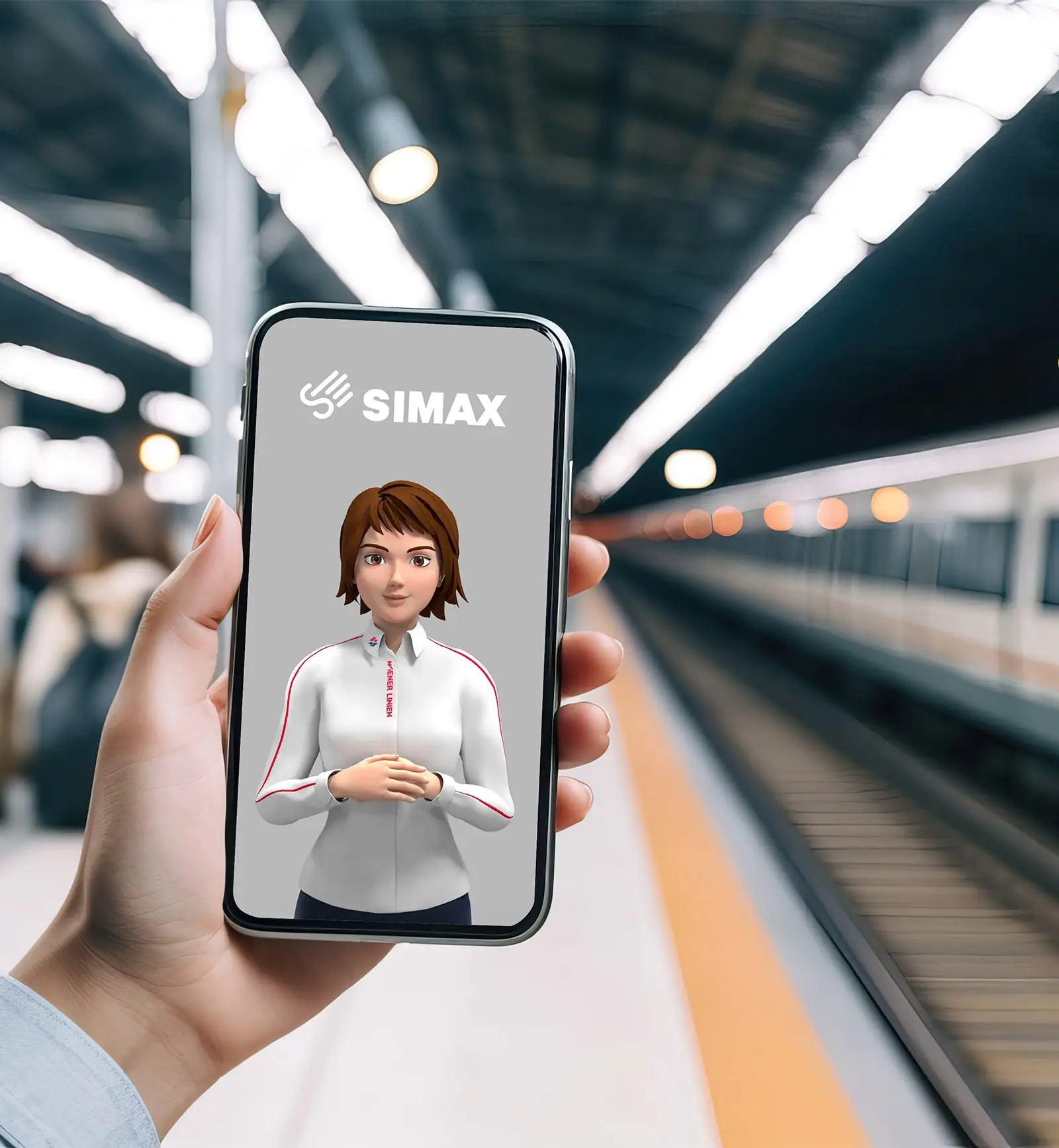 Hand hält ein Smartphone mit der SiMAX App, die Gebärdensprache in Echtzeit animiert, im Hintergrund eine U-Bahnstation.