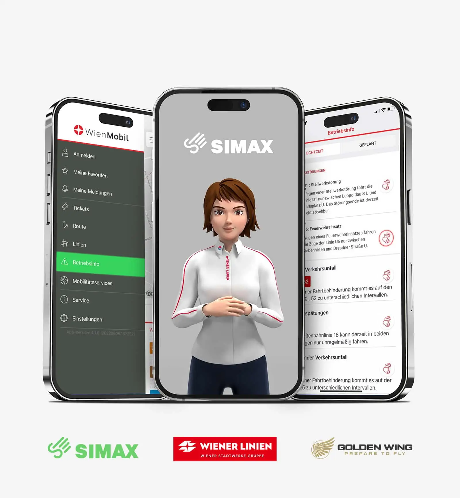 Drei Smartphones zeigen die Integration der SiMAX App in die Wiener Mobil App, um Text in Gebärdensprache zu übersetzen, gesponsert von Golden Wing.