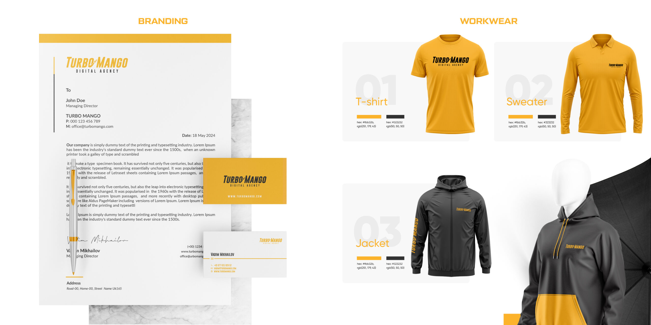 TurboMango Digital Agency branding including letterhead, business card, pen, and branded workwear items like T-shirt, sweater, and jacket.