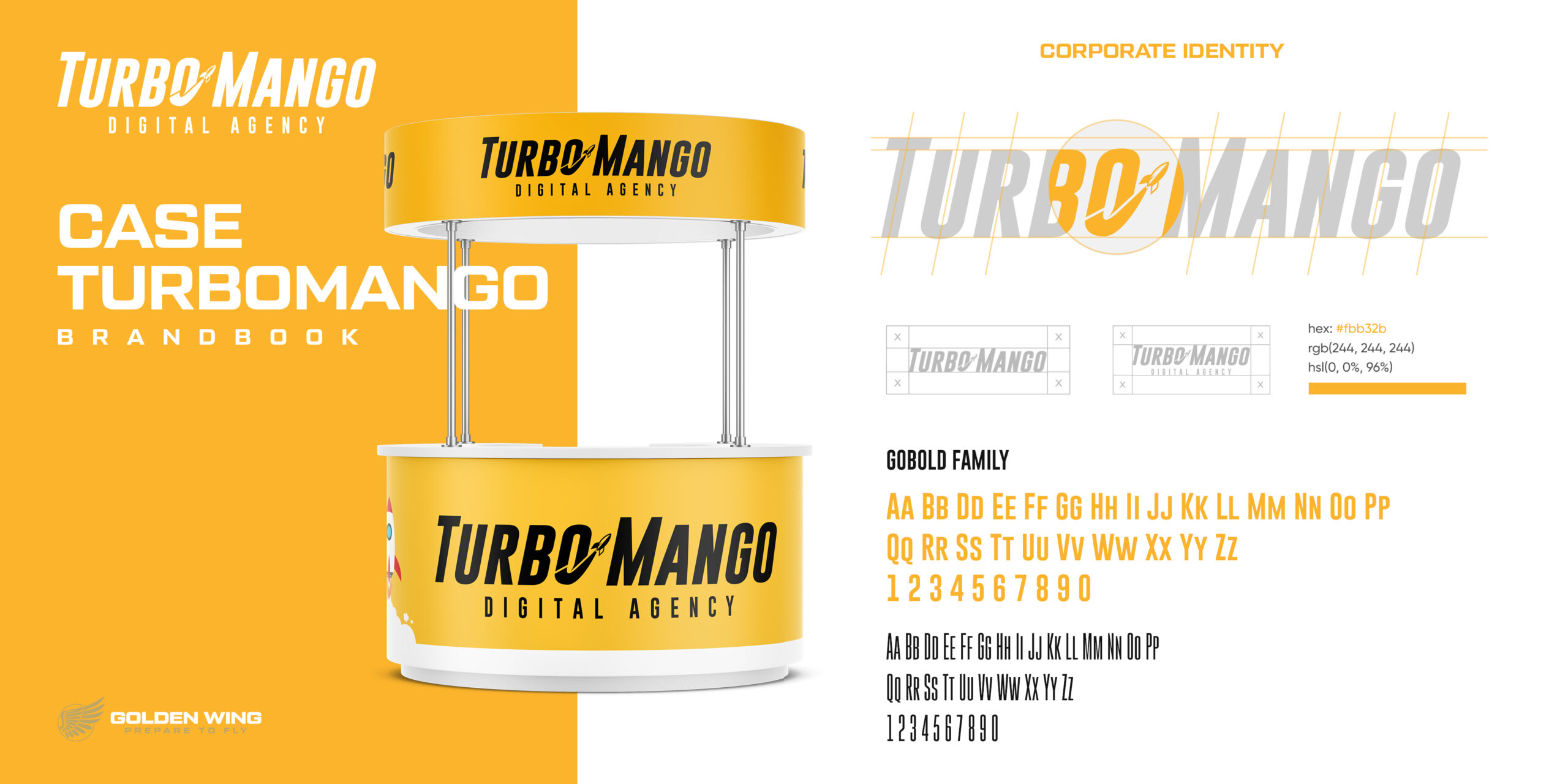 TurboMango Digital Agency corporate identity including logo design, font family specifications, and trade fair exhibition booth showcasing cohesive branding elements.
